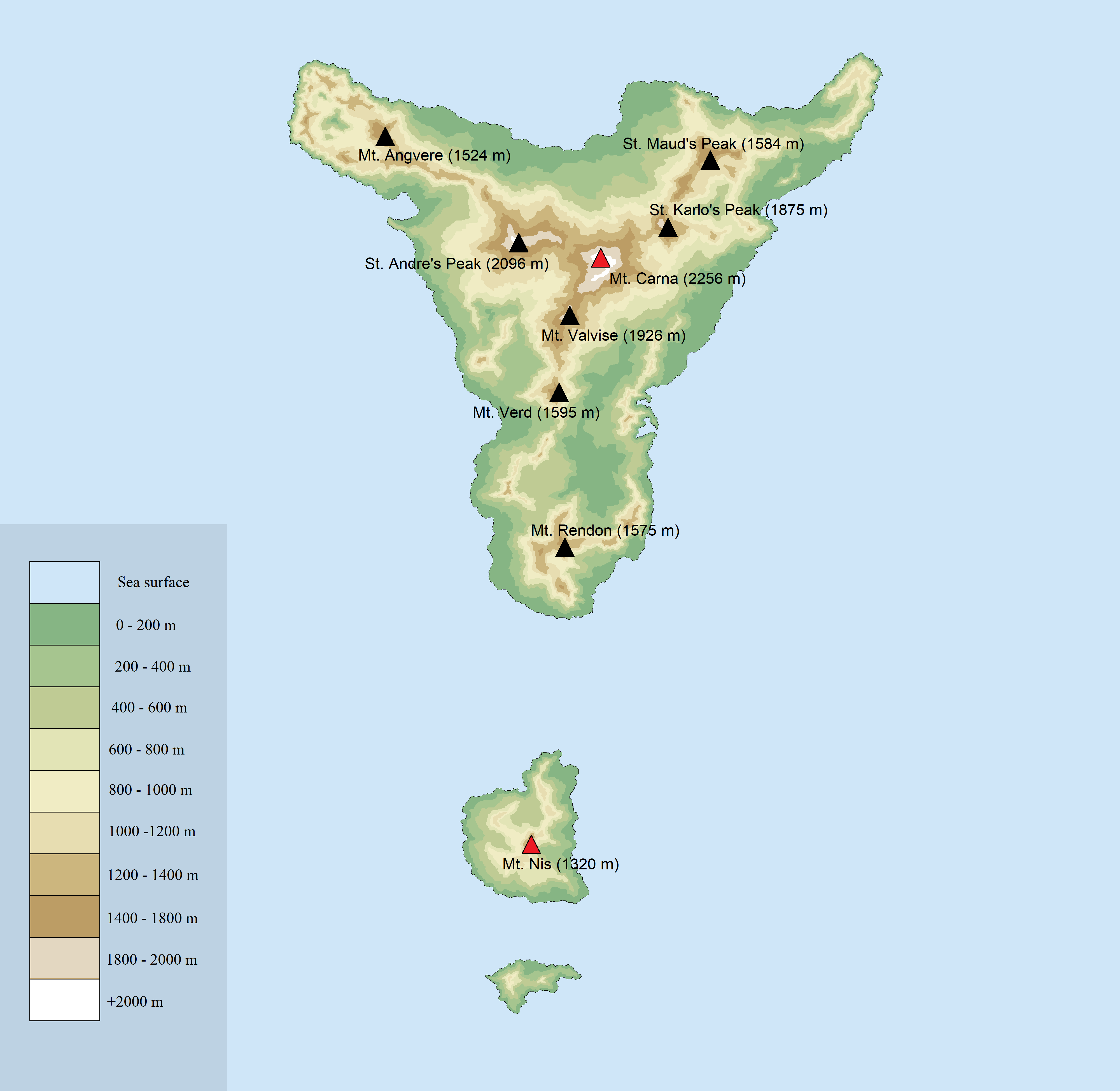 Topographic map of Livana, showing its highest summits