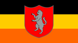 Flag of Gianlucaland - Tricolour (Black-Gold-Orange) with a red blazon in the centre. In it the national animal in silver.