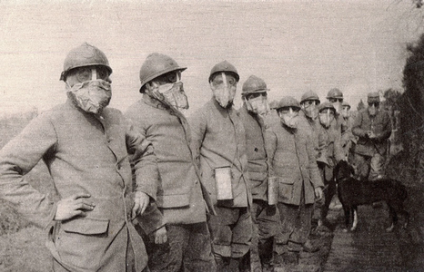 Stoinian soldiers of the 56th Regiment wearing newly issued gas masks for protection against gas attacks.